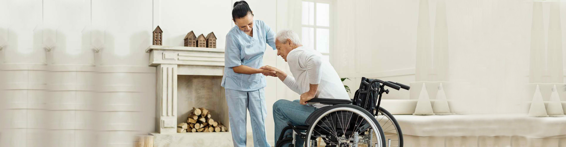 a caregiver helping a senior man stand